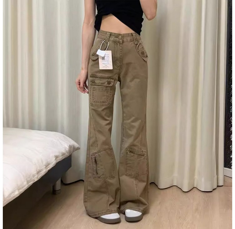 SAHINER 가을 여성 빈티지 하이웨이스트 카고 부츠컷 와이드 팬츠 LW2368