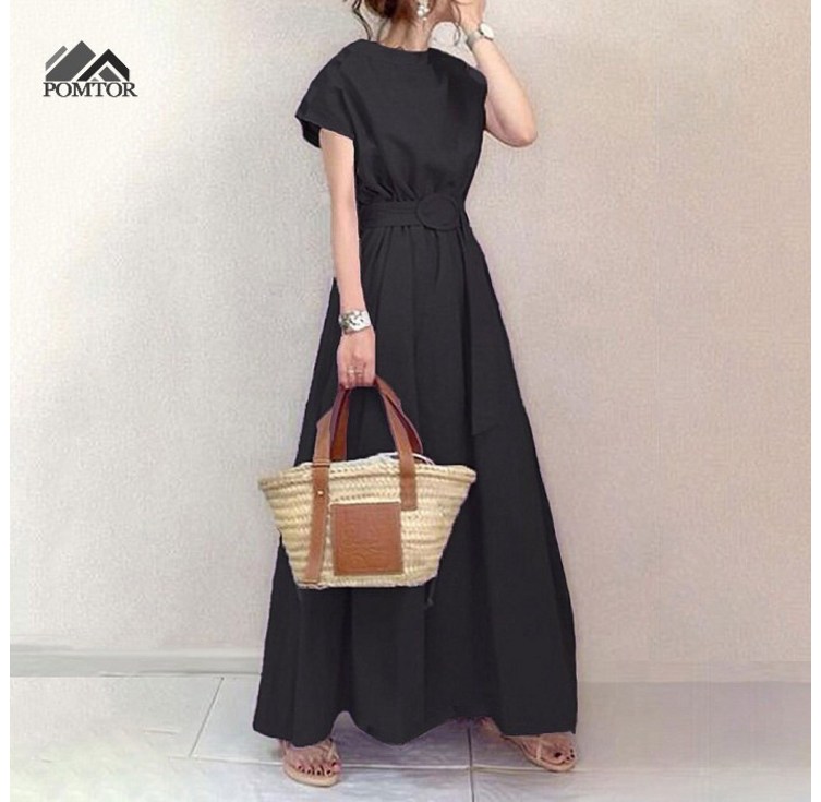 POMTOR 여성 여름 신상 문예스타일 허리 조절 가능한 빅사이즈 원피스