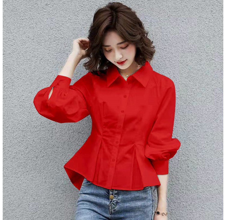 PETITBATH  여성의류 오피스룩 페플럼 버튼 카라 블라우스 슬림핏 페미닌 정장룩 퍼프소매 셔츠