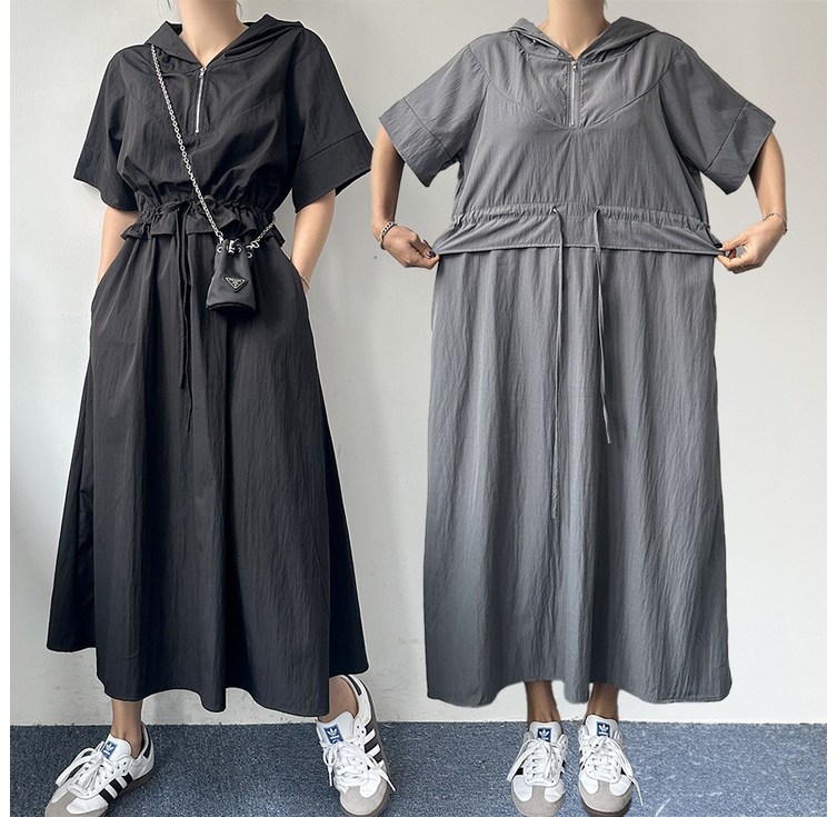 에이스토리 루즈핏 후드 반집업 허리셔링 아노락 반팔 롱원피스 바캉스원피스