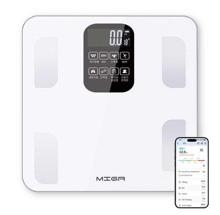 MIGA 스마트 가정용 블루투스 LCD 강화유리 인바디 체지방 체중계